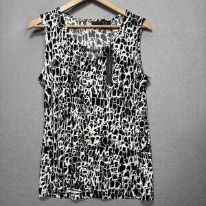 Tahari Abstract Print Top L Sleeveless Black White Modern Chic Statement Bold